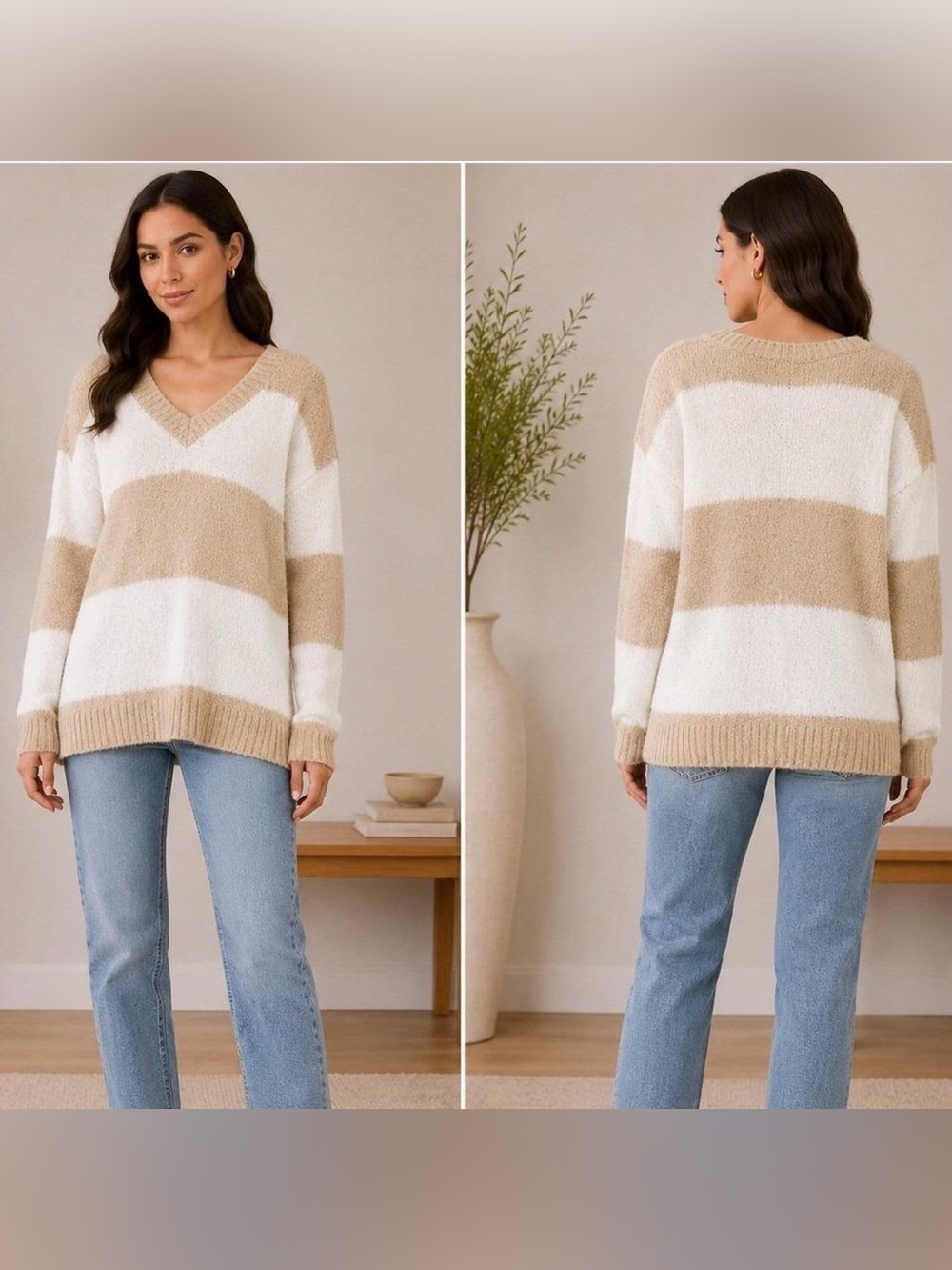 Aerie Sweater Fuzzy Knit Oversized Striped V-Neck Size Medium